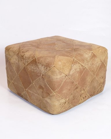 Vintage Leather Pouf - Natural Leather - Natural Patina - Hand-Sewn - Square - 
1970s
