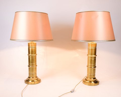 Set of Two Vintage Table Lamps - Brass Base - Retro Style - Pink Lampshades - 
1970s
