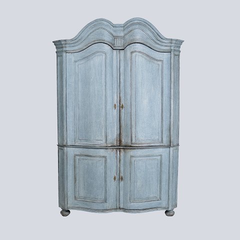 Large Baroque Corner Cabinet - Original Blue Paint & Brass Fittings - Natural Patina - Curved Doors - 1780s