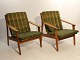 A pair of easy chairs in oak and upholstered with green fabric, model J55, by Poul M. Volther for FDB, 1961.5000m2 showroom.