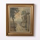 Painting on Board with Rural Farmhouse Motif in Gilt Frame from the 1930s