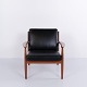 Armchair by Grete Jalk for France & Søn in teak and black leather, 1960s