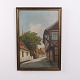 Oil Painting on Canvas with Street Scene, Half-Timbered House and Church Tower, Signed, circa 1930–1950