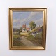 Oil Painting on Canvas with Danish Village Scene, Thatched Houses and Church Tower, circa 1930–1950